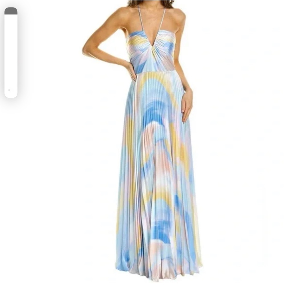 Monique Lhuillier Pastel Swirl Pleated Gown - Blue, Pink, Yellow